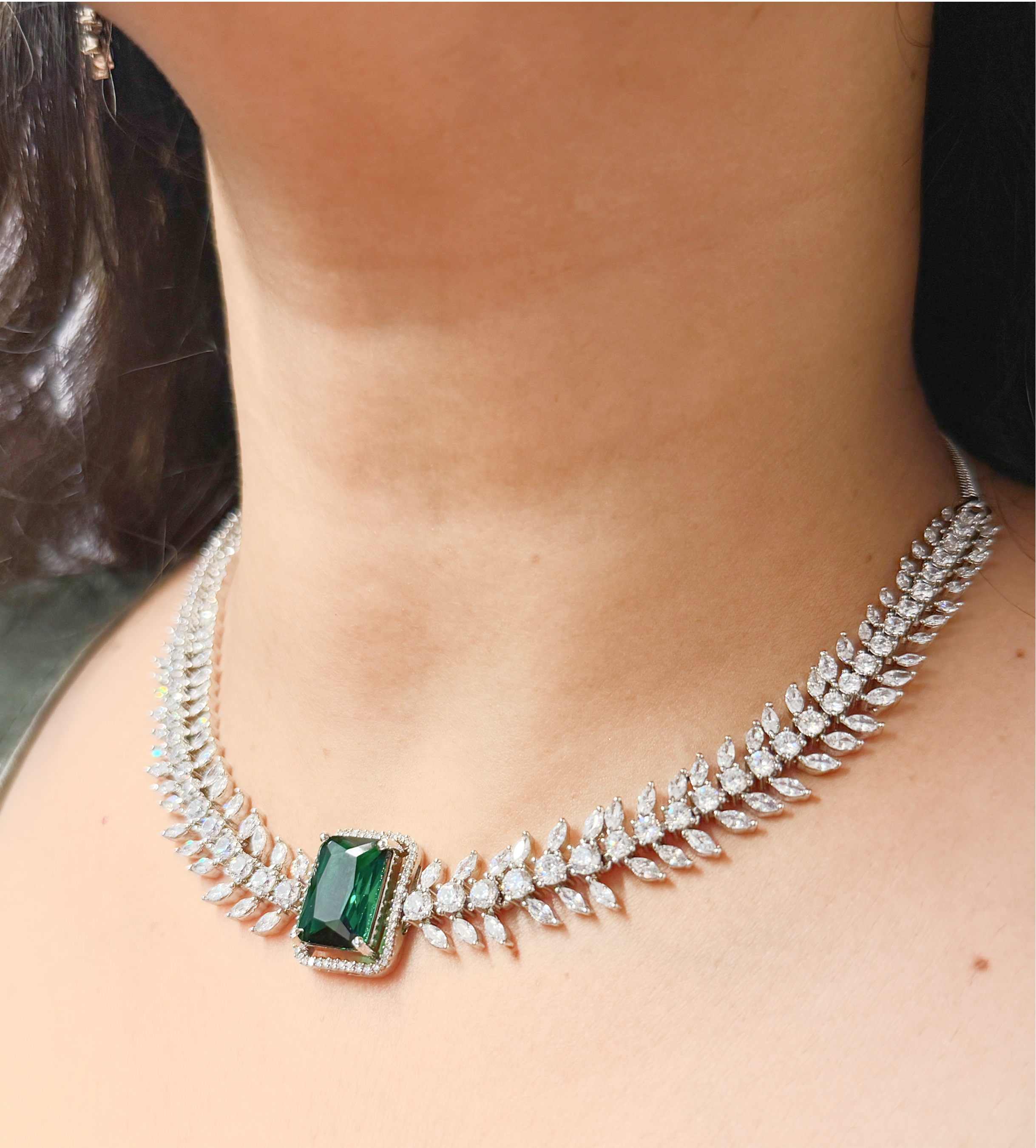 Luxury Emerald Green CZ Stone Necklace & Earring Set
